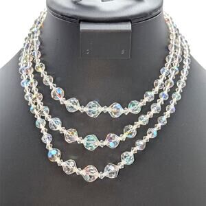 Vtg Graduated Three Strand Czech Faceted Clear & AB Crystal 13"-15.5" Necklace